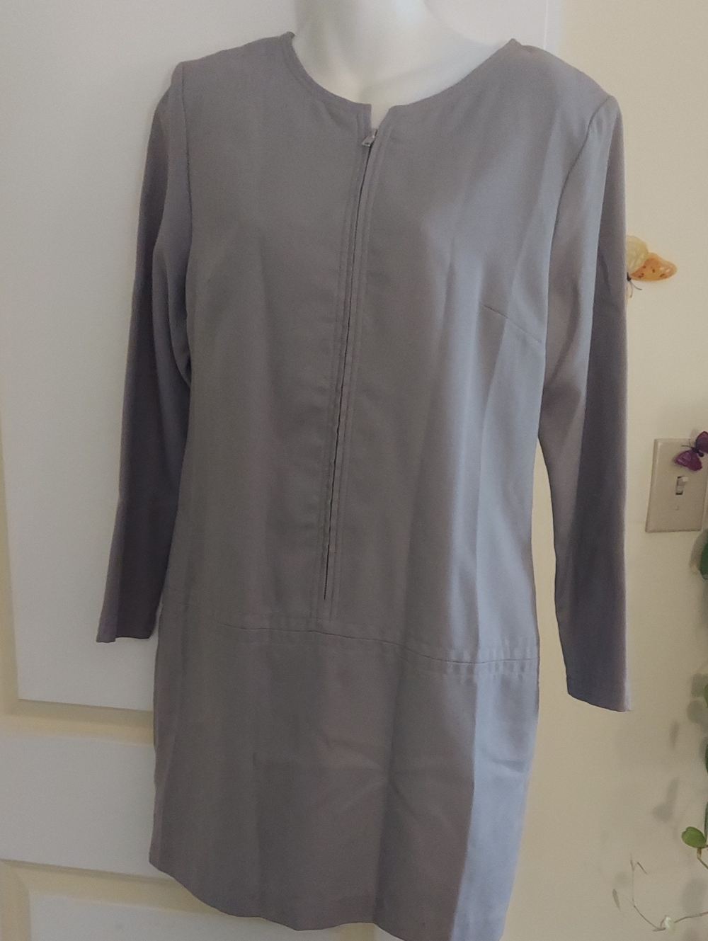 Vintage Gray Long-Sleeve Zip-Front Tunic Dress
